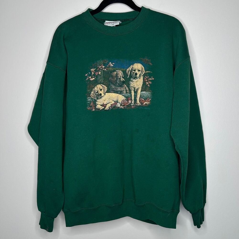 Vintage 90s y2k 2000s Green crewneck sweatshirt yellow Lab Labrador dogs puppy